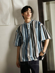 プルオーバー スタンドカラー ストライプ 半袖シャツ