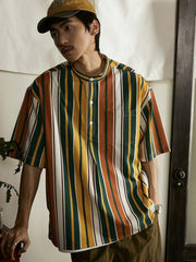 プルオーバー スタンドカラー ストライプ 半袖シャツ