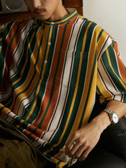 プルオーバー スタンドカラー ストライプ 半袖シャツ