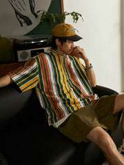 プルオーバー スタンドカラー ストライプ 半袖シャツ