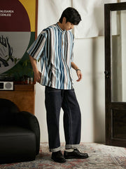 プルオーバー スタンドカラー ストライプ 半袖シャツ