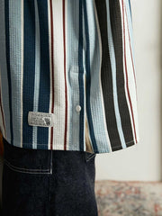 プルオーバー スタンドカラー ストライプ 半袖シャツ