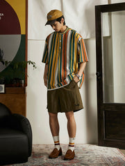 プルオーバー スタンドカラー ストライプ 半袖シャツ