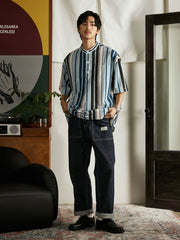 プルオーバー スタンドカラー ストライプ 半袖シャツ