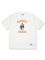 ナイトオウルドリンカープリント半袖Tシャツの正面全体図、三色を展示