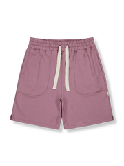 ヘビーニットスポーツショーツの正面全体図、グレーの色を展示