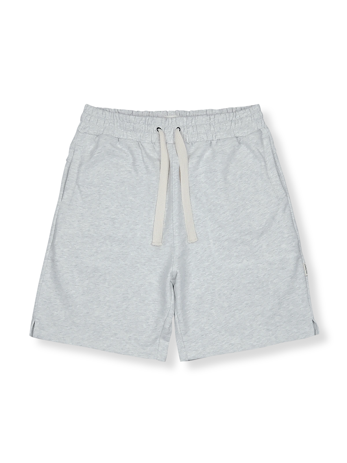 ヘビーニットスポーツショーツの正面全体図、グレーの色を展示