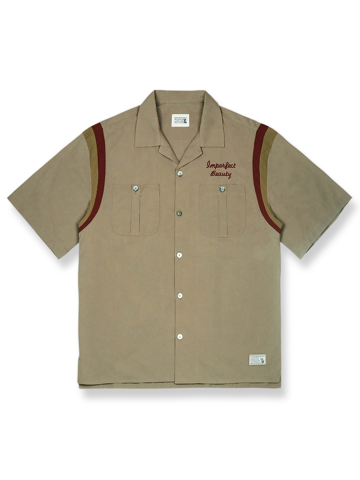 ワークアウトドアボウリング半袖シャツの正面全体図、カーキグリーンのカラーを展示