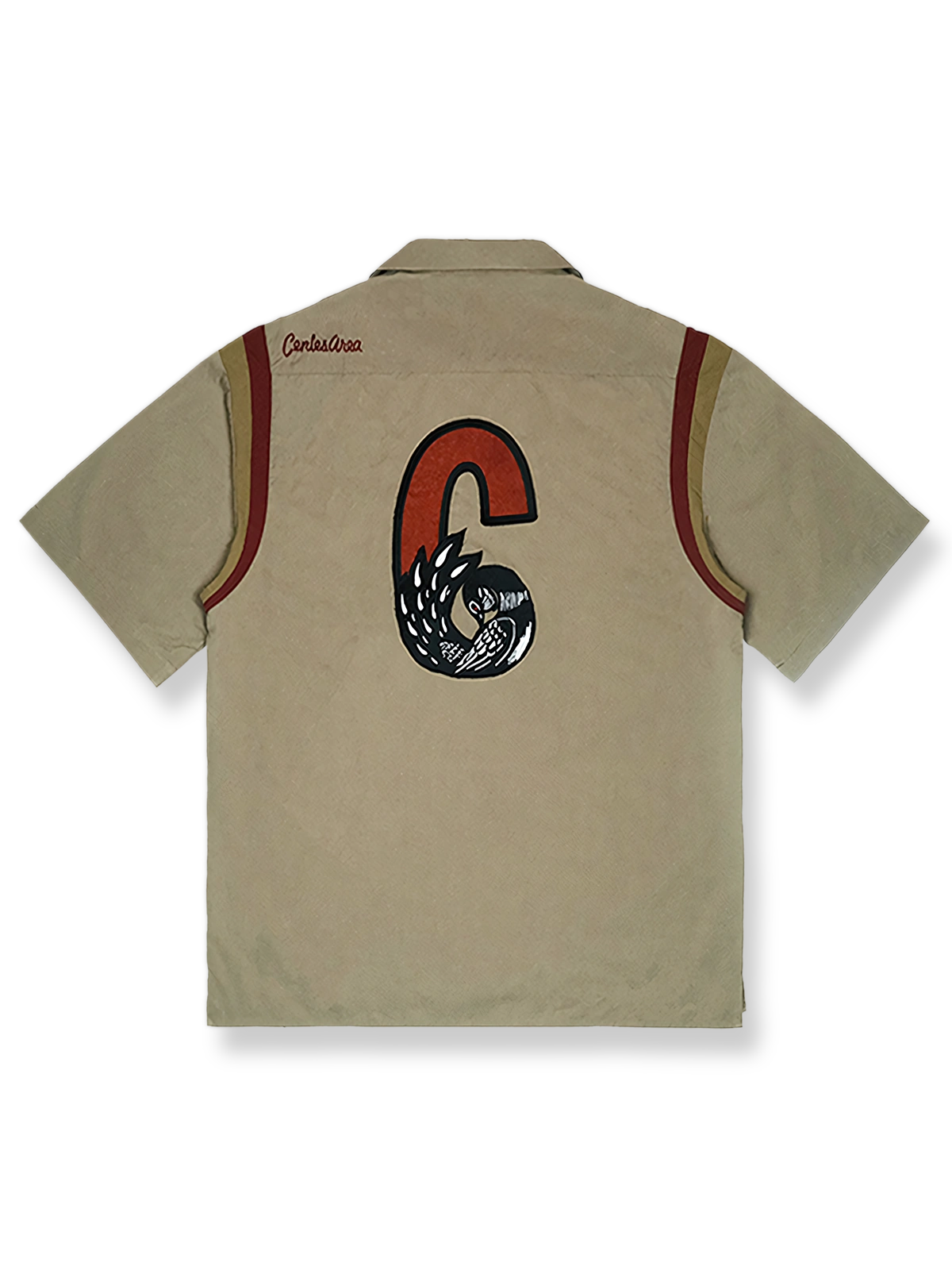 ワークアウトドアボウリング半袖シャツの正面全体図、カーキグリーンのカラーを展示