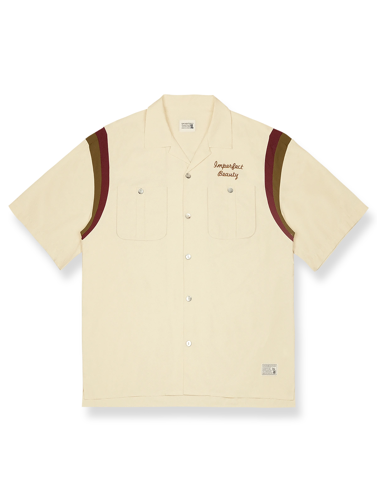 ワークアウトドアボウリング半袖シャツの正面全体図、カーキグリーンのカラーを展示