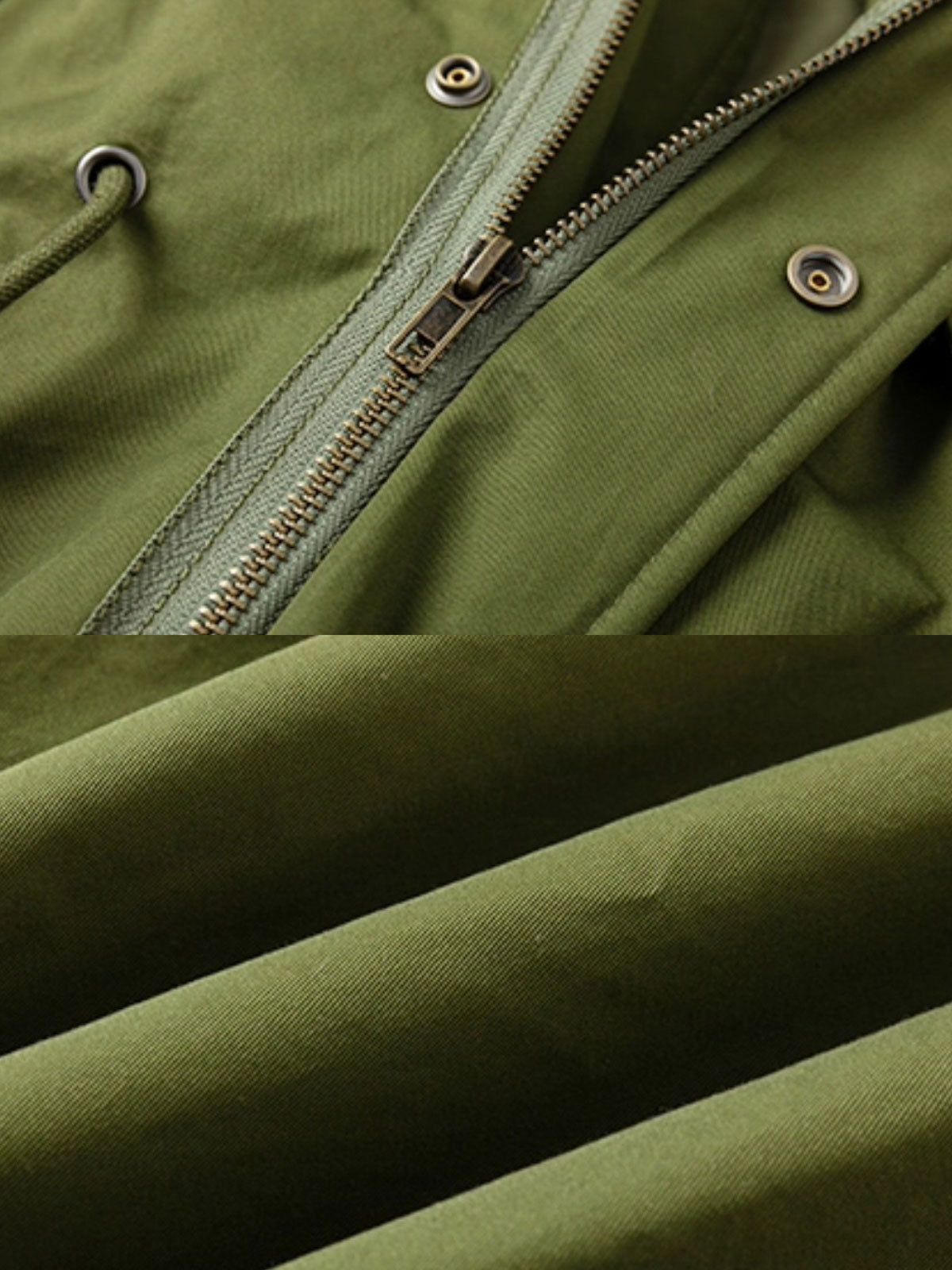 製品画像: M-65改良型 厚手パーカーコート(ロング)の正面全体画像。クラシックなM-65ミリタリーデザインを基に改良されたコートで、厚手の中綿入り構造が保温性を高め、寒冷地にも対応。シンプルながら存在感のあるデザインが特徴。
詳細画像: M-65改良型 厚手パーカーコート(ロング)のディテールクローズアップ画像。ウエストライン調整が可能なドローコードと、鍵やスマートフォンなどの収納に便利な多機能ポケットのデザインが映える。防風性を考慮した耐久性の高いコットン素材の質感が際立つ。