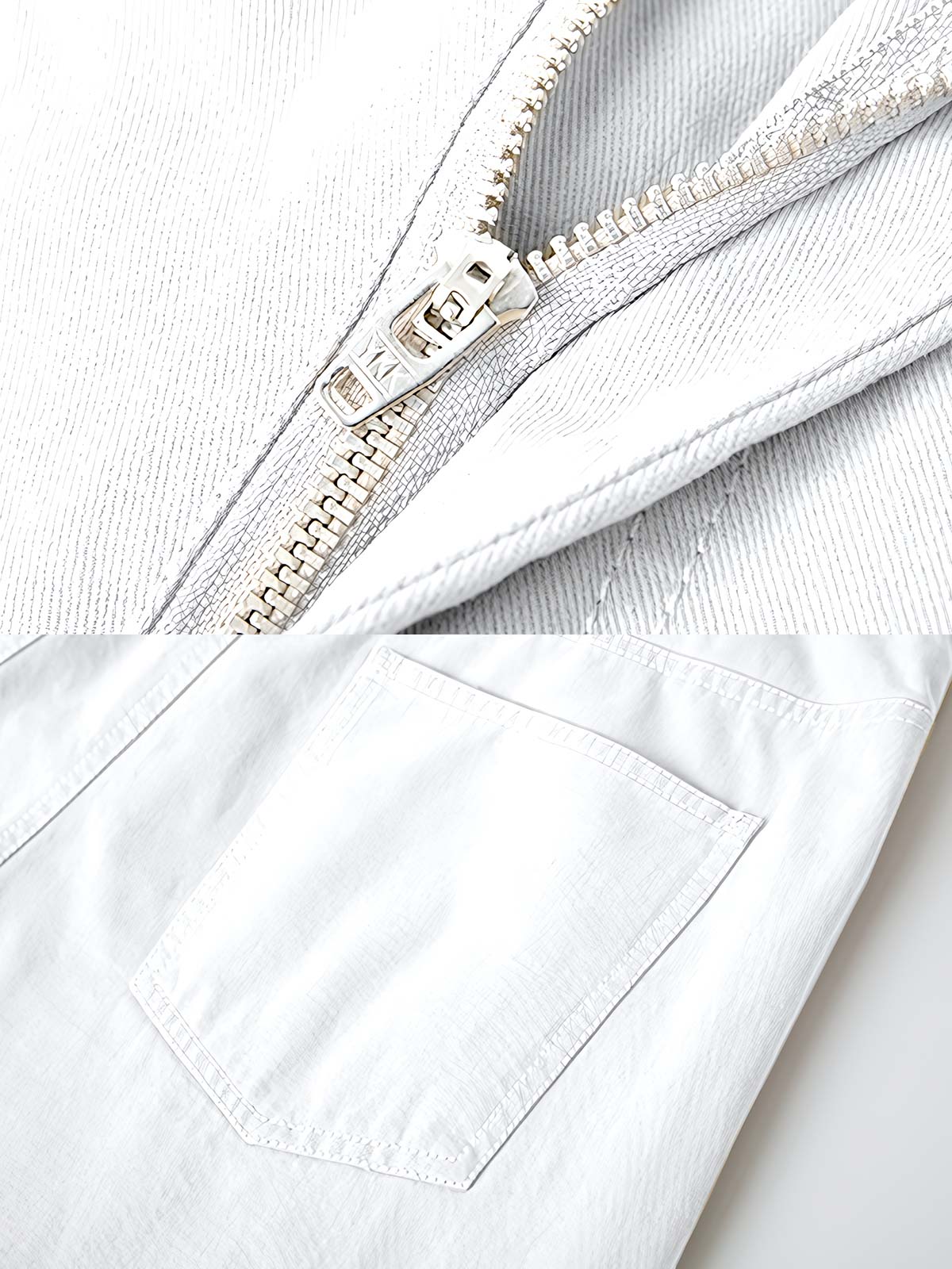 製品画像: ウィービングの織りストレートロングスラックスの全体展示。ピュアホワイトのカラーが特徴で、シンプルでレトロなデザインが際立つロングスラックス。通勤やカジュアルなシーンに最適なアイテム。
詳細画像: ウエスト部分とジッパーのディテール特写。ウィービング織りによる高級感と耐久性、細部まで丁寧に仕上げられたジッパーとハイウエストデザインが強調されています。