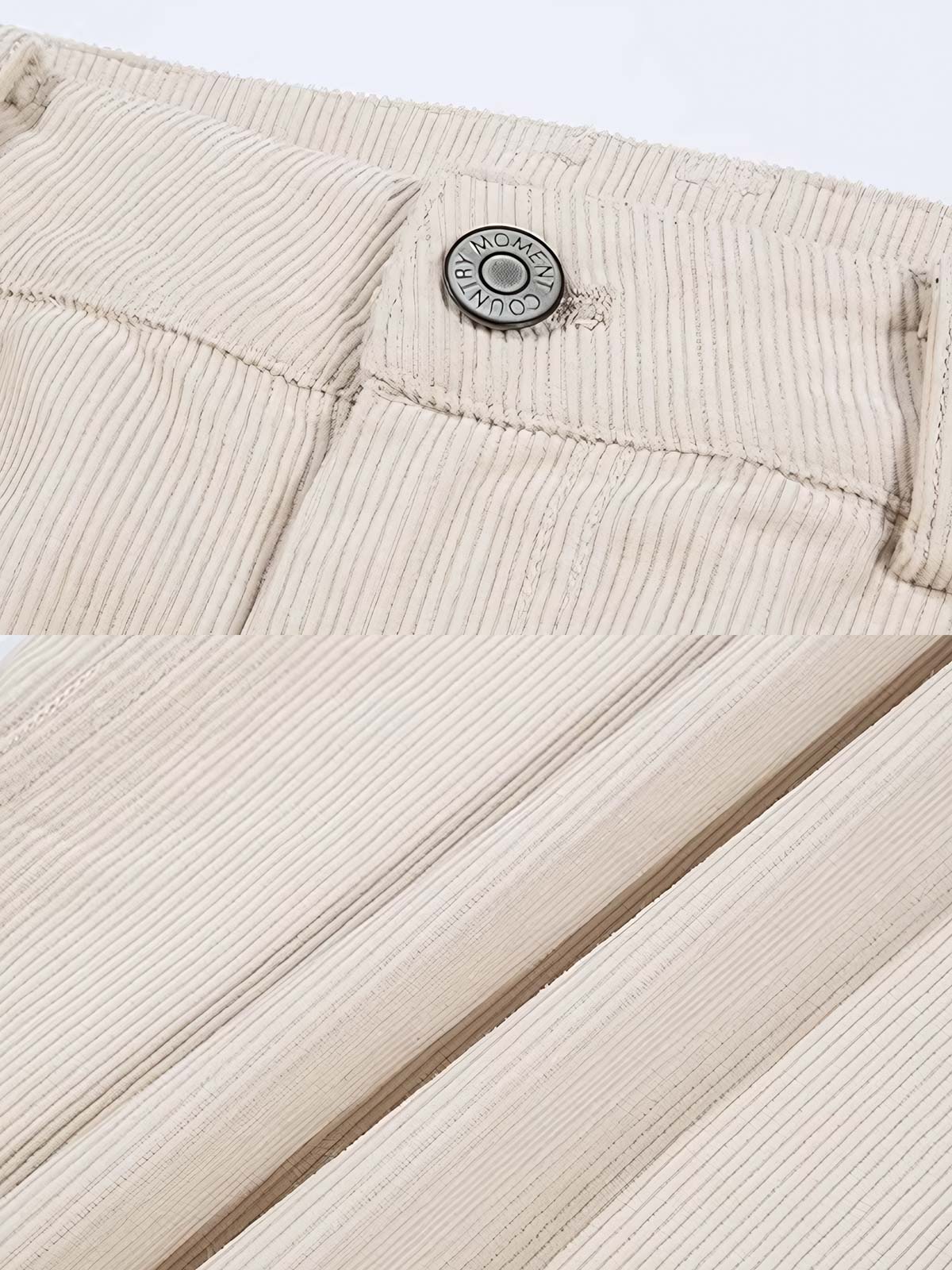 製品画像: 14ウェールのコットンコーデュロイ素材を使用したワイドパンツの全体画像。柔らかな肌触りと自然なドレープ感が魅力的で、通勤やカジュアルシーンにぴったりの一着。
詳細画像: コーデュロイ素材のディテールと裾デザインを映したクローズアップ画像。製品染め加工による深みのあるカラーと、ワイドシルエットの滑らかなラインが際立つ。