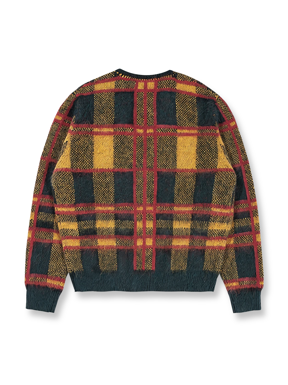 製品画像: クラシックなチェック柄モヘアVネックカーディガンの正面全体画像
詳細画像: モヘア特有のふんわりとした毛羽立ちとボタンディテールのクローズアップ画像