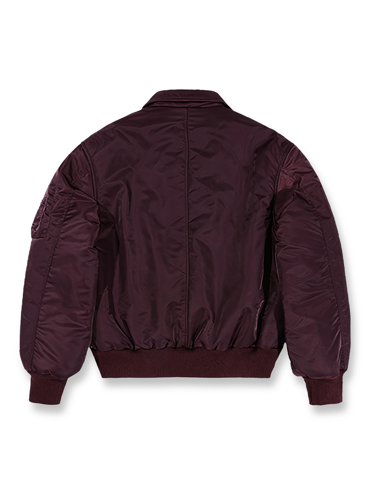 製品画像: 深みのあるバーガンディカラーが映えるヴィンテージ風ショート丈フライトジャケットの正面画像
詳細画像: 防寒性を高めるリブ袖口とデザイン性のあるジッパーポケットのディテール画像