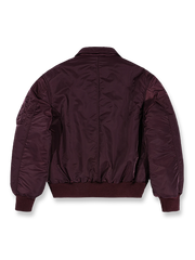 製品画像: 深みのあるバーガンディカラーが映えるヴィンテージ風ショート丈フライトジャケットの正面画像
詳細画像: 防寒性を高めるリブ袖口とデザイン性のあるジッパーポケットのディテール画像