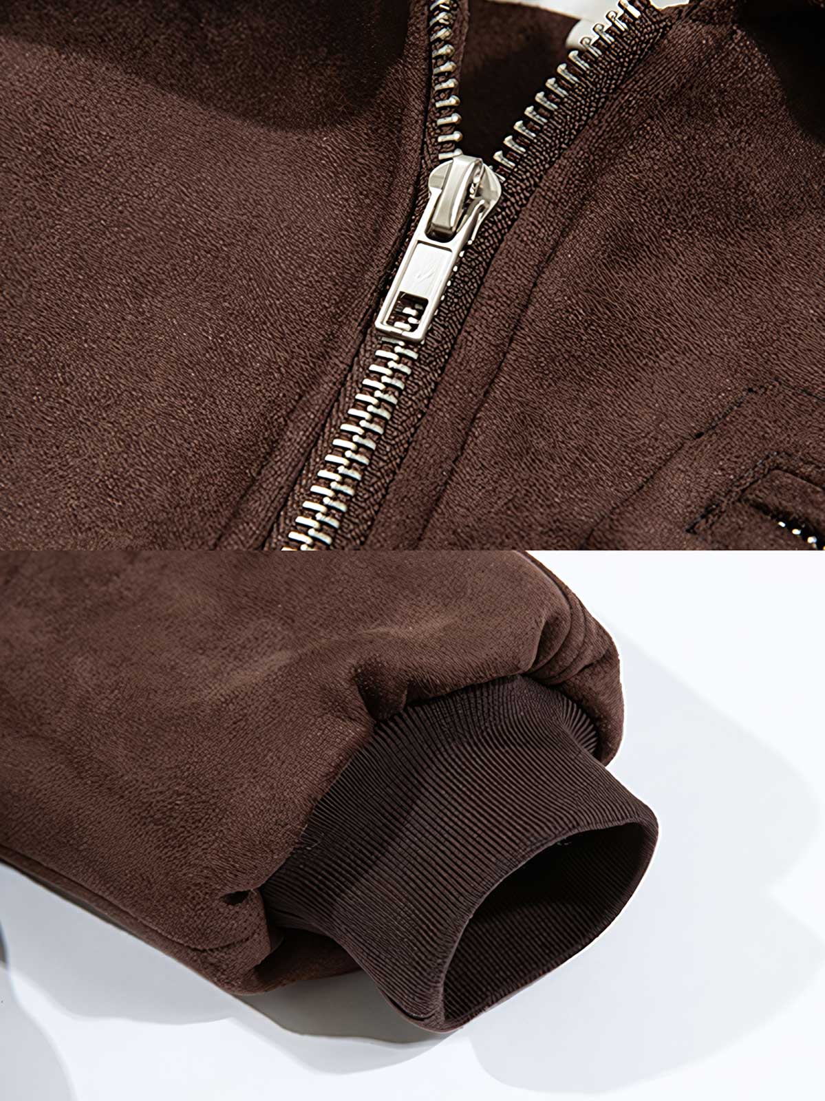 製品画像: スエード調素材を使用したショート丈ダウンジャケットの正面全体画像。上品で滑らかなスエード調の質感が特徴的で、秋冬の防寒にも最適なデザイン。
詳細画像: スエード調素材の滑らかな表面とキルティング加工による保温性を示すディテールクローズアップ画像。フラップカラーや多機能ポケットのデザインが際立つ。