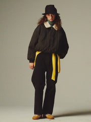 詳細画像: 柔らかなボア襟部分と、中綿構造の裏地を映したディテールクローズアップ画像。保温性を高める立体感のある仕上がりが際立つ。
モデル画像: ボア襟付きワーク中綿ジャケットを着用したモデルの冬のコーディネート例。デニムやワークパンツと合わせたヴィンテージ感漂うカジュアルスタイルを表現。