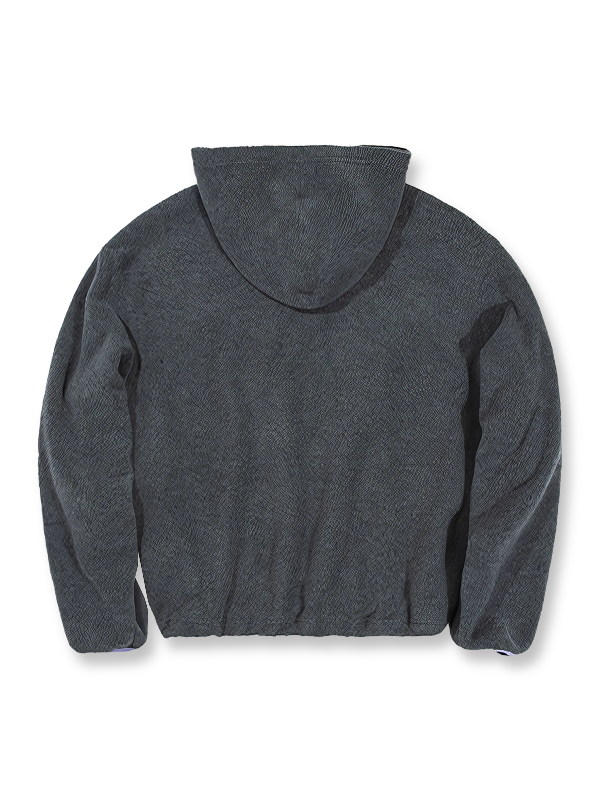 製品画像: 柔らかなフリース素材を使用したハーフジップフード付きスウェットの正面全体画像。裾ドローコードとショート丈デザインが特徴的な冬に最適な一着。
詳細画像: ハーフジップデザインと、シルエット調節可能な裾ドローコードのディテールクローズアップ画像。柔らかなフリース素材の質感が際立つ。