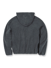 製品画像: 柔らかなフリース素材を使用したハーフジップフード付きスウェットの正面全体画像。裾ドローコードとショート丈デザインが特徴的な冬に最適な一着。
詳細画像: ハーフジップデザインと、シルエット調節可能な裾ドローコードのディテールクローズアップ画像。柔らかなフリース素材の質感が際立つ。