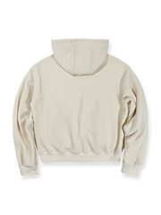 製品画像: 柔らかなフリース素材とレトロデジタルプリントが特徴的なフード付きスウェットの全体正面画像。肌触りが良く、優れた保温性で秋冬にぴったりのデザインが映える。
詳細画像: 胸元に施されたレトロなデジタルプリントのディテールと、高品質フリース素材の滑らかな質感のクローズアップ画像。快適な着心地が伝わる生地感をアピール。