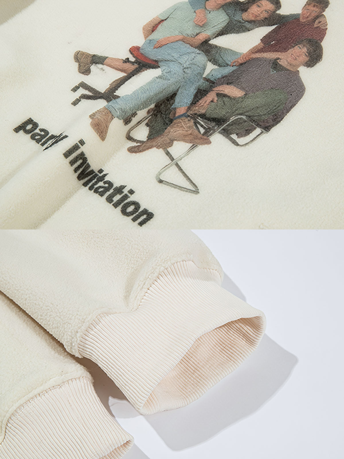 製品画像: 柔らかなフリース素材とレトロデジタルプリントが特徴的なフード付きスウェットの全体正面画像。肌触りが良く、優れた保温性で秋冬にぴったりのデザインが映える。
詳細画像: 胸元に施されたレトロなデジタルプリントのディテールと、高品質フリース素材の滑らかな質感のクローズアップ画像。快適な着心地が伝わる生地感をアピール。