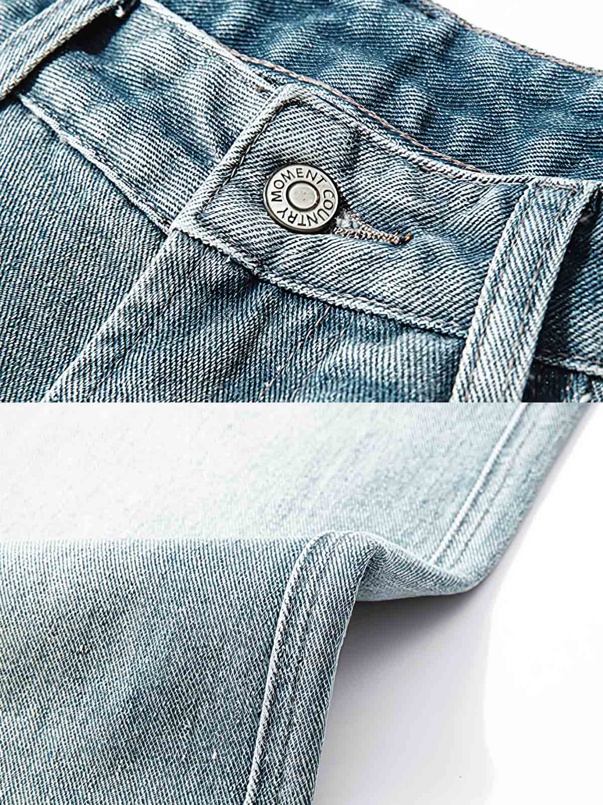 製品画像: ウォッシュド加工とヒゲ加工を施したストレートデニムパンツ全体展示、アメリカンヴィンテージスタイルのディテールが際立つデザイン
詳細画像: ヒゲ加工とウォッシュド加工のディテールクローズアップ、自然な色褪せ感とヴィンテージ感を強調