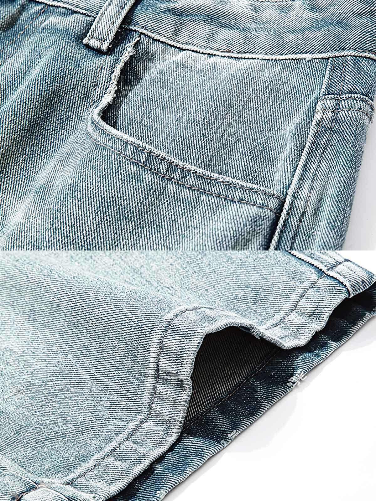 製品画像: ウォッシュド加工とヒゲ加工を施したストレートデニムパンツ全体展示、アメリカンヴィンテージスタイルのディテールが際立つデザイン
詳細画像: ヒゲ加工とウォッシュド加工のディテールクローズアップ、自然な色褪せ感とヴィンテージ感を強調