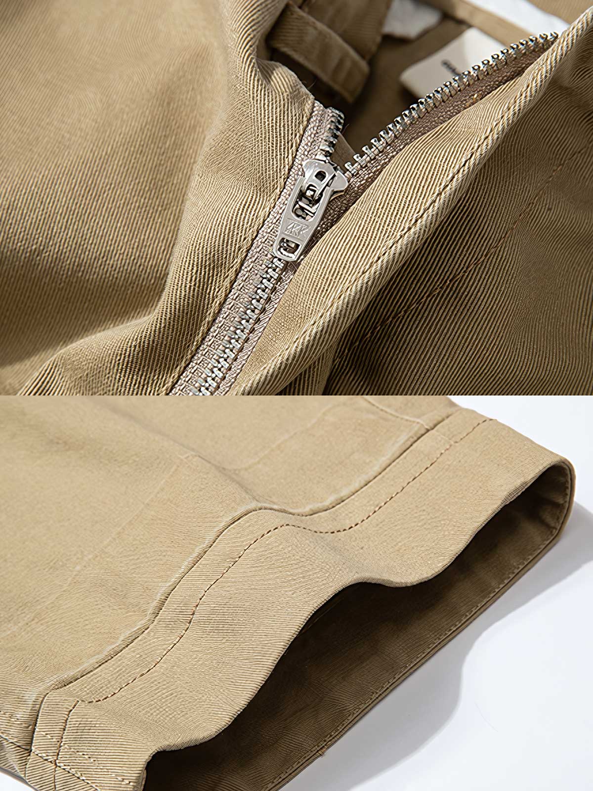 製品画像: サンドウォッシュ加工を施した九分テーパードカジュアルパンツ全体展示、ヴィンテージ風の質感とクラシックなストレートカット
詳細画像: ウエストのプリーツディテールとサンドウォッシュ加工のクローズアップ、自然な色褪せ感と立体感を強調