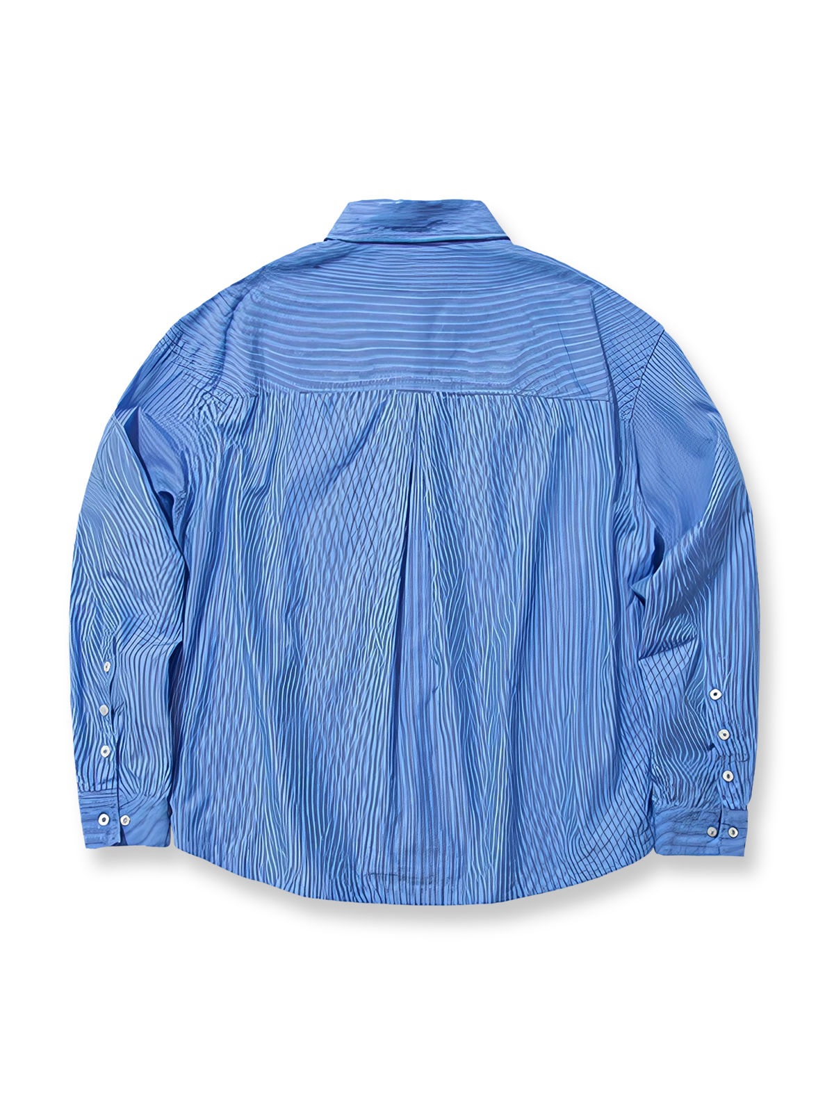 製品画像: ヴィンテージ風ストライプと刺繍デザインを特徴とする長袖シャツ全体展示、ウォッシュ加工を施した柔らかな質感とルーズフィットデザイン
詳細画像: ストライプパターンと胸部の精巧な刺繍ディテールのクローズアップ、ヴィンテージ風のテクスチャーが際立つ