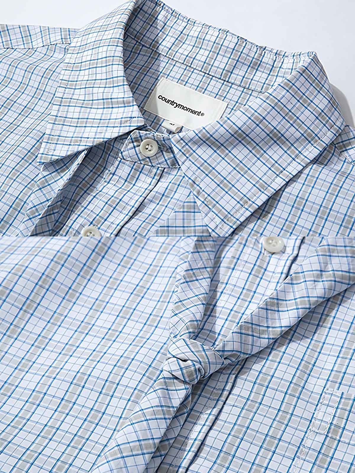 製品画像: インテリ風のチェック柄デザインとネクタイディテールが特徴の100%コットンシャツ全体展示、優雅でヴィンテージ感あふれるスタイル
詳細画像: チェック柄の細部とネクタイデザインのクローズアップ、インテリ風のディテールが強調された部分