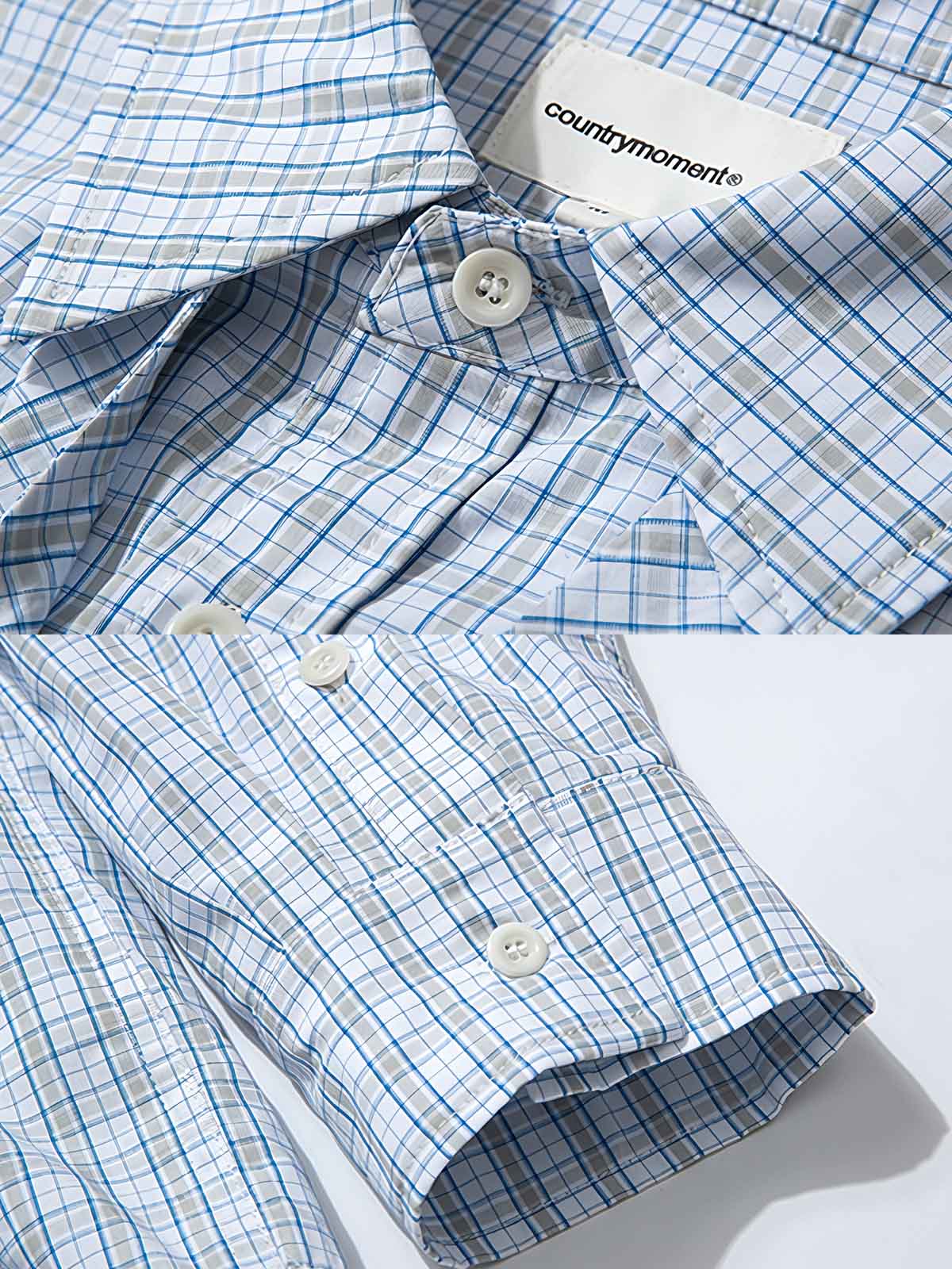 製品画像: インテリ風のチェック柄デザインとネクタイディテールが特徴の100%コットンシャツ全体展示、優雅でヴィンテージ感あふれるスタイル
詳細画像: チェック柄の細部とネクタイデザインのクローズアップ、インテリ風のディテールが強調された部分