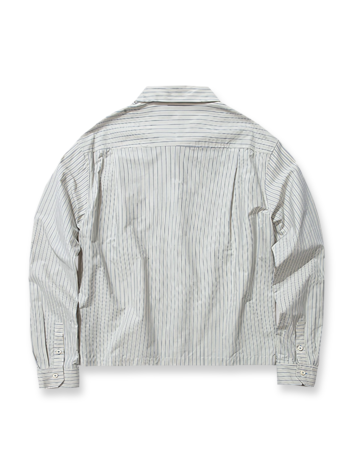 製品画像: クラシックなブルーの細ストライプデザインを採用した100%コットン製の長袖シャツ全体展示、シンプルで万能なレトロなスタイル
詳細画像: ブルーの細ストライプと胸元のポケットディテール特写、ヴィンテージカットが強調された部分