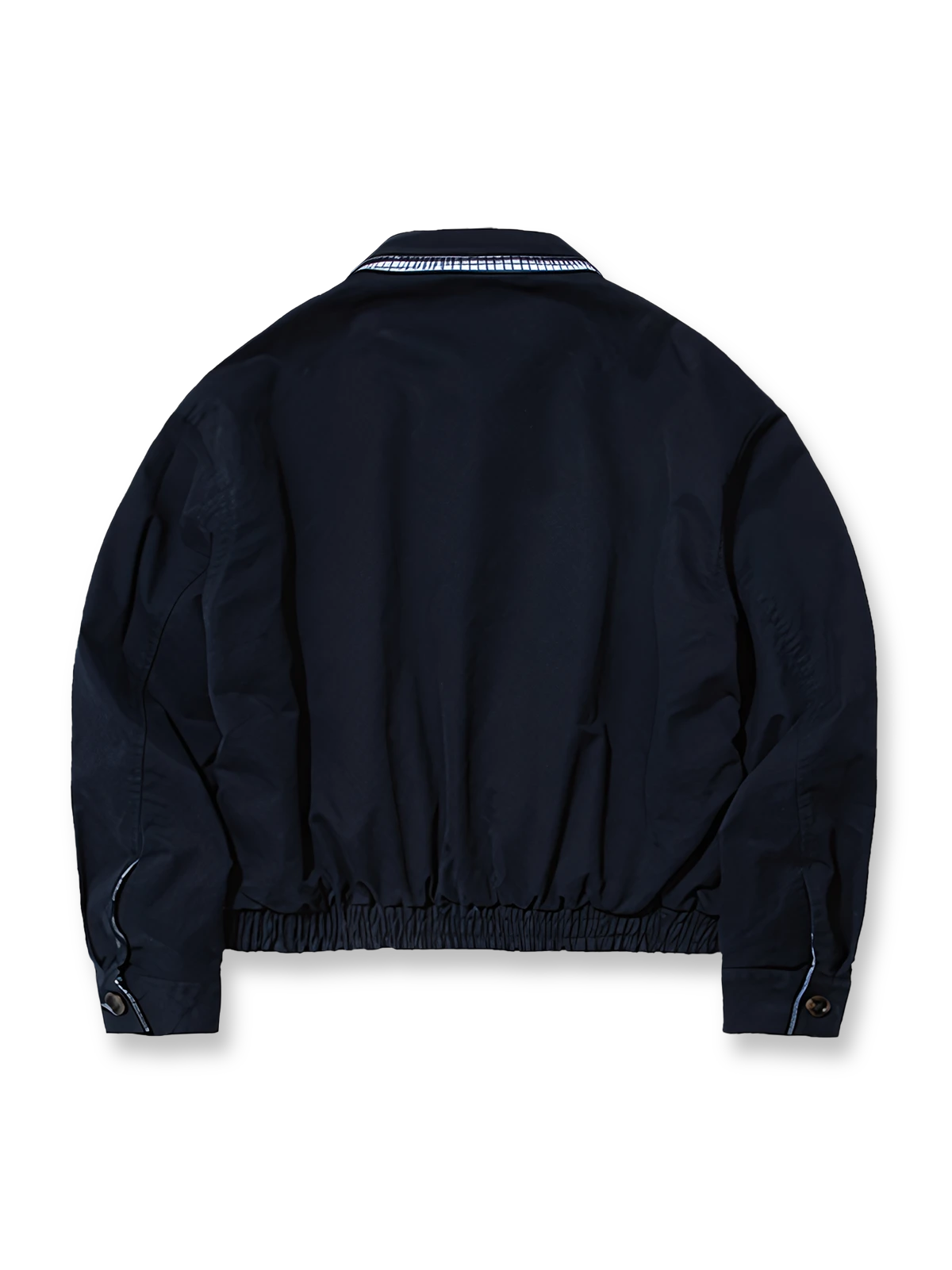 製品画像: リバーシブルデザインとヴィンテージチェック柄が融合した美式ヴィンテージスタイルのハリントンジャケット全体展示、100%コットン素材で快適な着心地
詳細画像: 袖口のバイカラー折り返しデザインとリバーシブルデザインのディテール、ヴィンテージチェック柄と単色面が交互に見える部分のクローズアップ