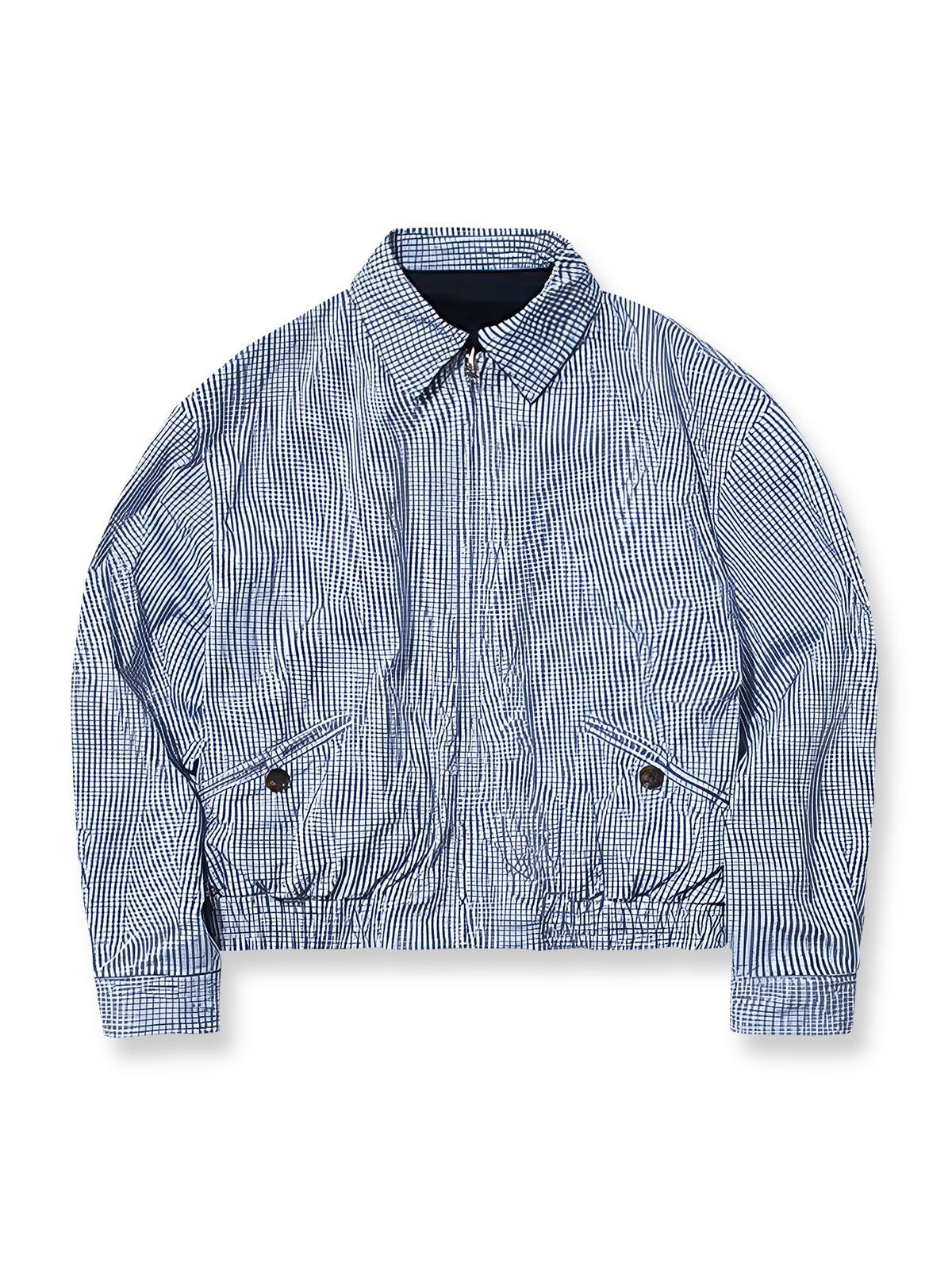 製品画像: リバーシブルデザインとヴィンテージチェック柄が融合した美式ヴィンテージスタイルのハリントンジャケット全体展示、100%コットン素材で快適な着心地
詳細画像: 袖口のバイカラー折り返しデザインとリバーシブルデザインのディテール、ヴィンテージチェック柄と単色面が交互に見える部分のクローズアップ