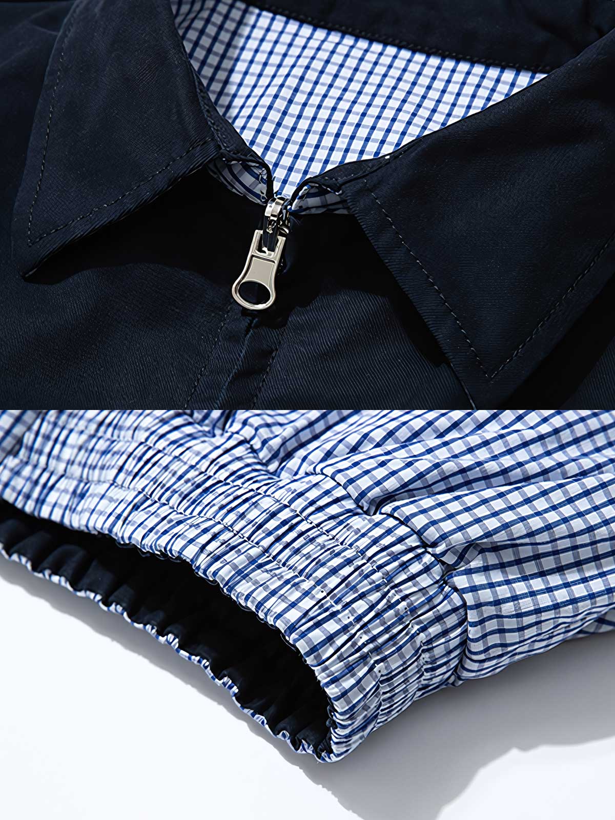 製品画像: リバーシブルデザインとヴィンテージチェック柄が融合した美式ヴィンテージスタイルのハリントンジャケット全体展示、100%コットン素材で快適な着心地
詳細画像: 袖口のバイカラー折り返しデザインとリバーシブルデザインのディテール、ヴィンテージチェック柄と単色面が交互に見える部分のクローズアップ