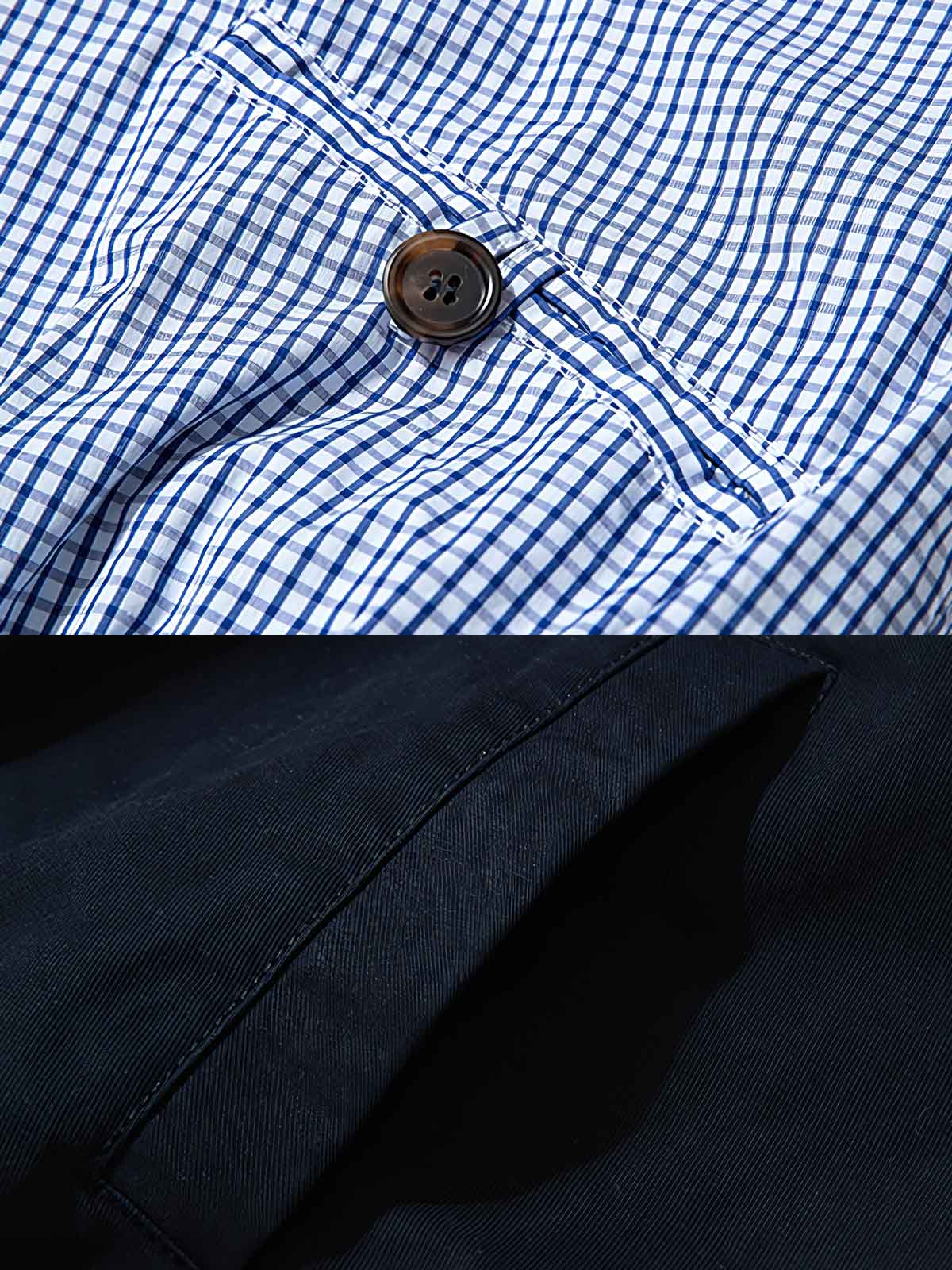 製品画像: リバーシブルデザインとヴィンテージチェック柄が融合した美式ヴィンテージスタイルのハリントンジャケット全体展示、100%コットン素材で快適な着心地
詳細画像: 袖口のバイカラー折り返しデザインとリバーシブルデザインのディテール、ヴィンテージチェック柄と単色面が交互に見える部分のクローズアップ