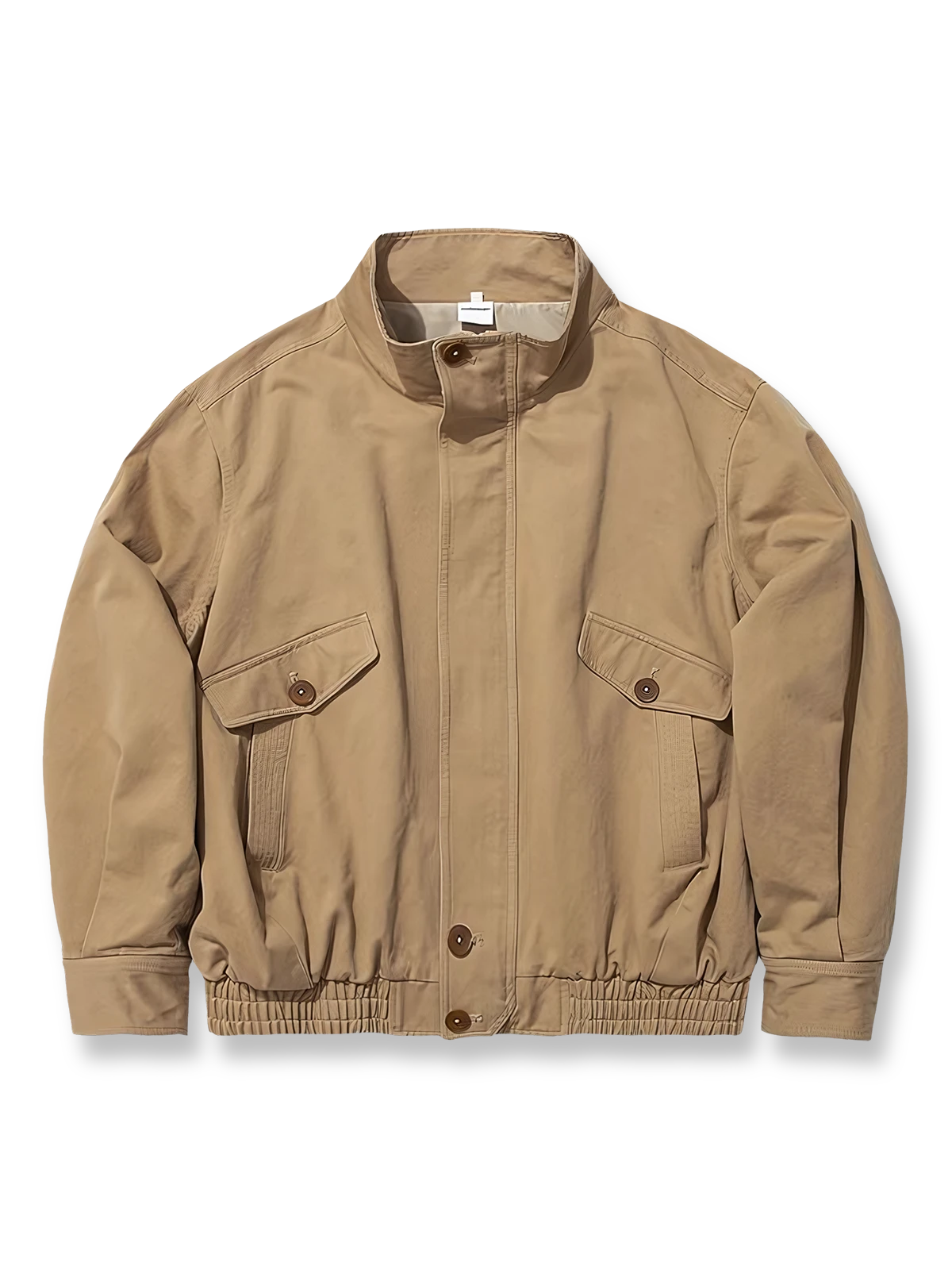 製品画像: ドレーピング(立体裁断)技法を活かしたスタンドカラーのワークジャケット全体展示、サンドウォッシュ加工とコーマコットン素材を使用したヴィンテージ感のあるデザイン
詳細画像: ドレーピングカットによる立体感、スタンドカラーのディテール、大容量ポケットのクローズアップ