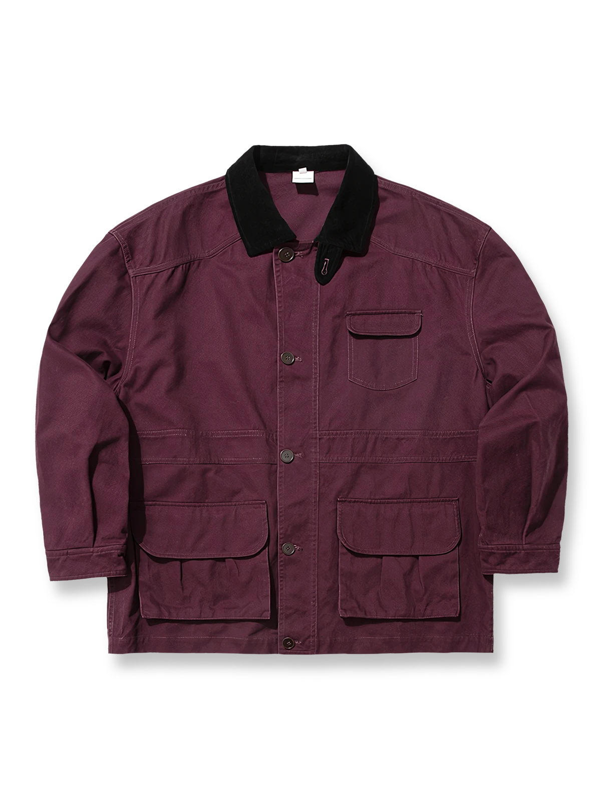 製品画像: アメリカンヴィンテージスタイルのコーデュロイ襟ハンティングワークジャケット全体展示、バーンズ風デザインとサンドウォッシュ加工が施されたクラシックなヴィンテージジャケット
詳細画像: コーデュロイ襟と多機能ポケットのディテール特写、サンドウォッシュ加工で強調された自然な色褪せ感と耐久性