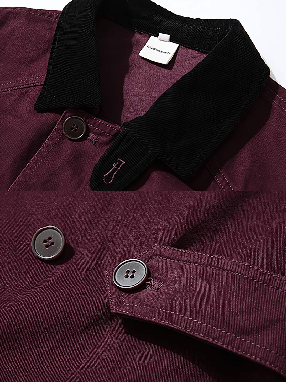 製品画像: アメリカンヴィンテージスタイルのコーデュロイ襟ハンティングワークジャケット全体展示、バーンズ風デザインとサンドウォッシュ加工が施されたクラシックなヴィンテージジャケット
詳細画像: コーデュロイ襟と多機能ポケットのディテール特写、サンドウォッシュ加工で強調された自然な色褪せ感と耐久性