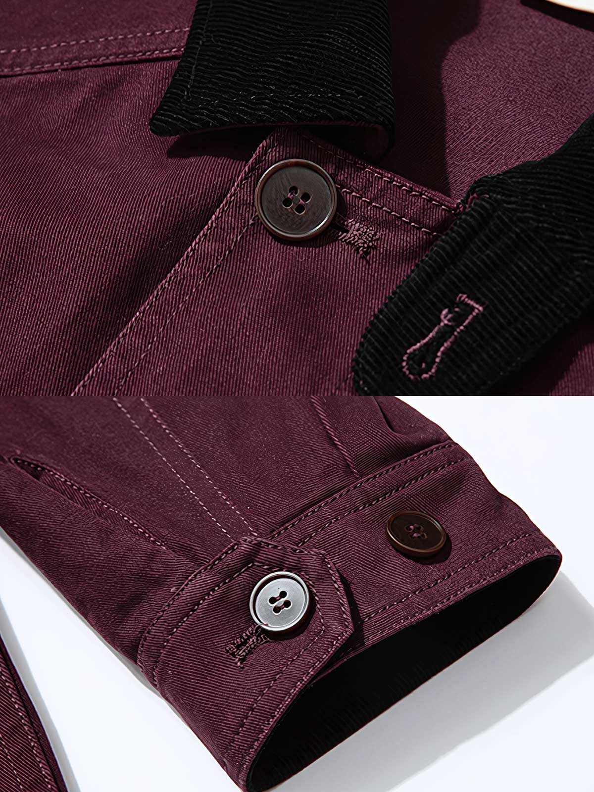 製品画像: アメリカンヴィンテージスタイルのコーデュロイ襟ハンティングワークジャケット全体展示、バーンズ風デザインとサンドウォッシュ加工が施されたクラシックなヴィンテージジャケット
詳細画像: コーデュロイ襟と多機能ポケットのディテール特写、サンドウォッシュ加工で強調された自然な色褪せ感と耐久性