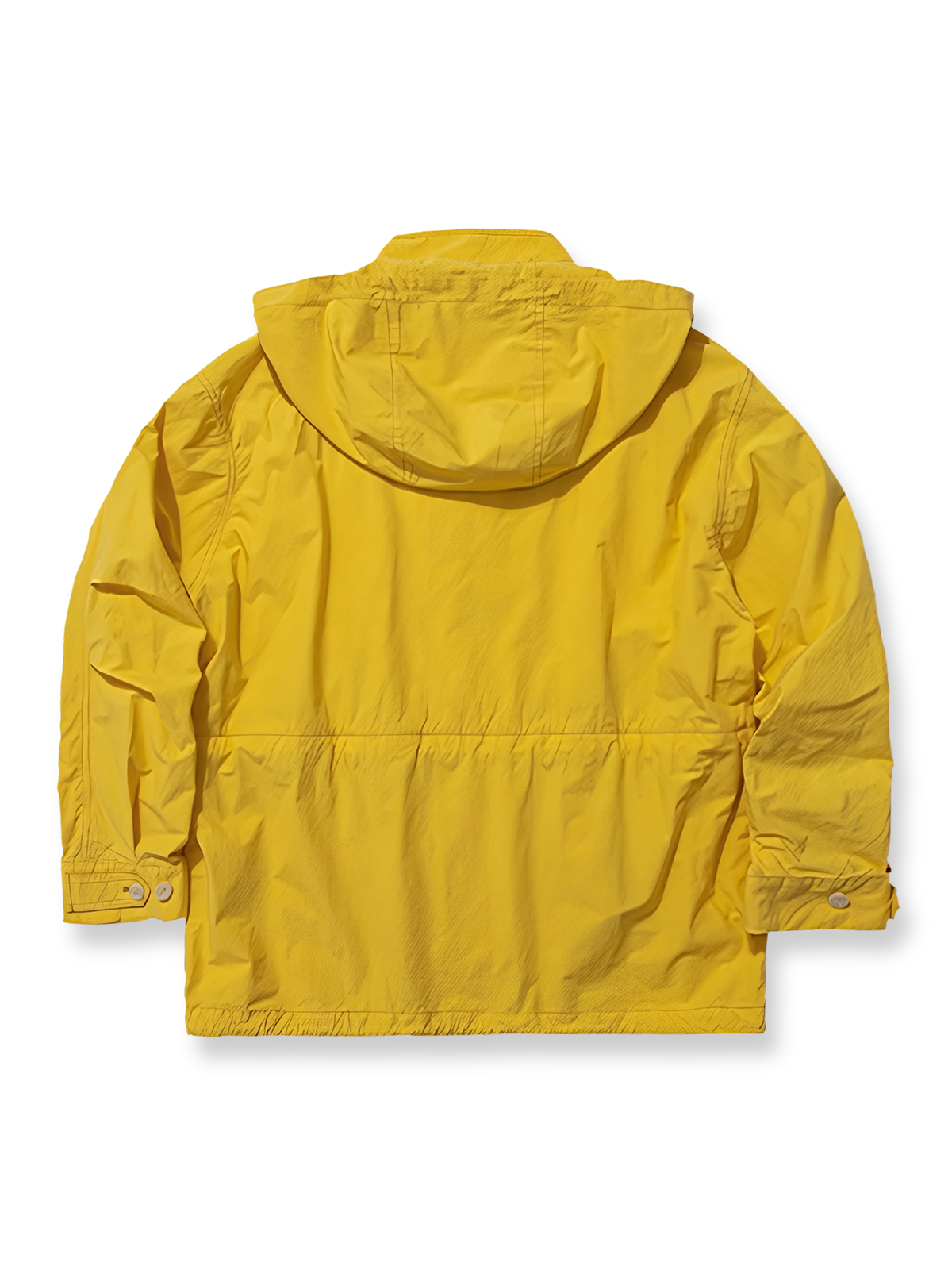 製品画像: シワ加工とウォッシュ加工を融合させたアメリカンヴィンテージスタイルのマウンテンパーカー全体展示、ルーズフィットデザインとフード付き
詳細画像: シワ加工とウォッシュ加工によるヴィンテージ感のあるディテール、ジッパーとボタンディテールのクローズアップ、ウエストのドローコード調整部分