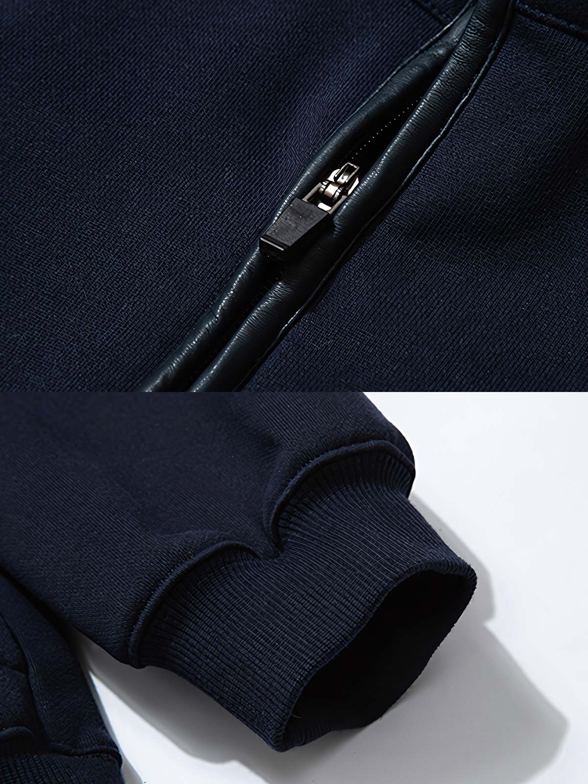 製品画像: エコレザーパイピング スタンドカラーハーフジップスウェットの全体展示。Boxyシルエットとレトロスタイルが融合し、エコレザーパイピングで高級感をプラスしたデザイン。シンプルでありながらも、レトロ感と快適さを兼ね備えています。
詳細画像: スタンドカラーとレザーパイピングのディテール特写。エコレザーの質感とハーフジップのディテールが強調され、デザイン性と実用性を高めています。