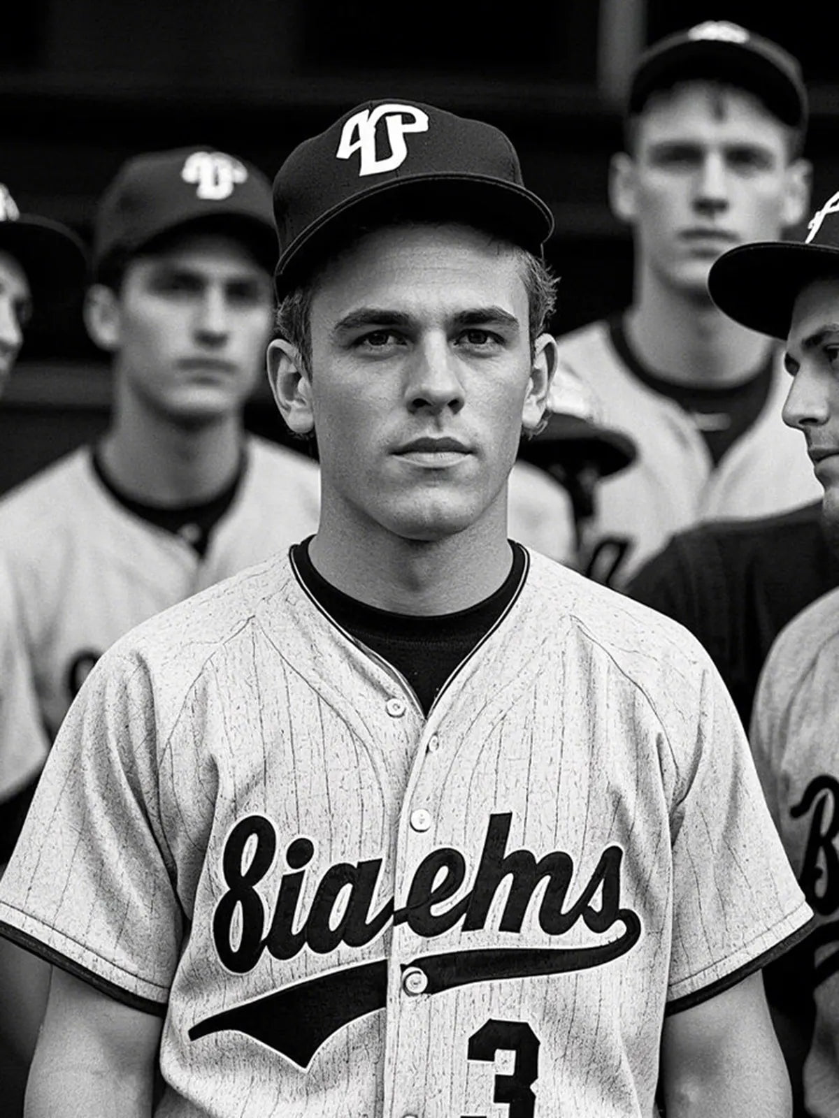 メテオライトグレーのベースボールシャツ、胸元に「GRIT PERSEVERANCE」フェルトパッチが施されている