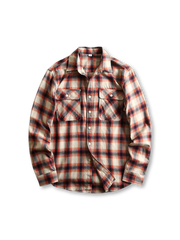 ヴィンテージ風のチェック柄シャツ、フロントに左右対称のフラップポケットがある