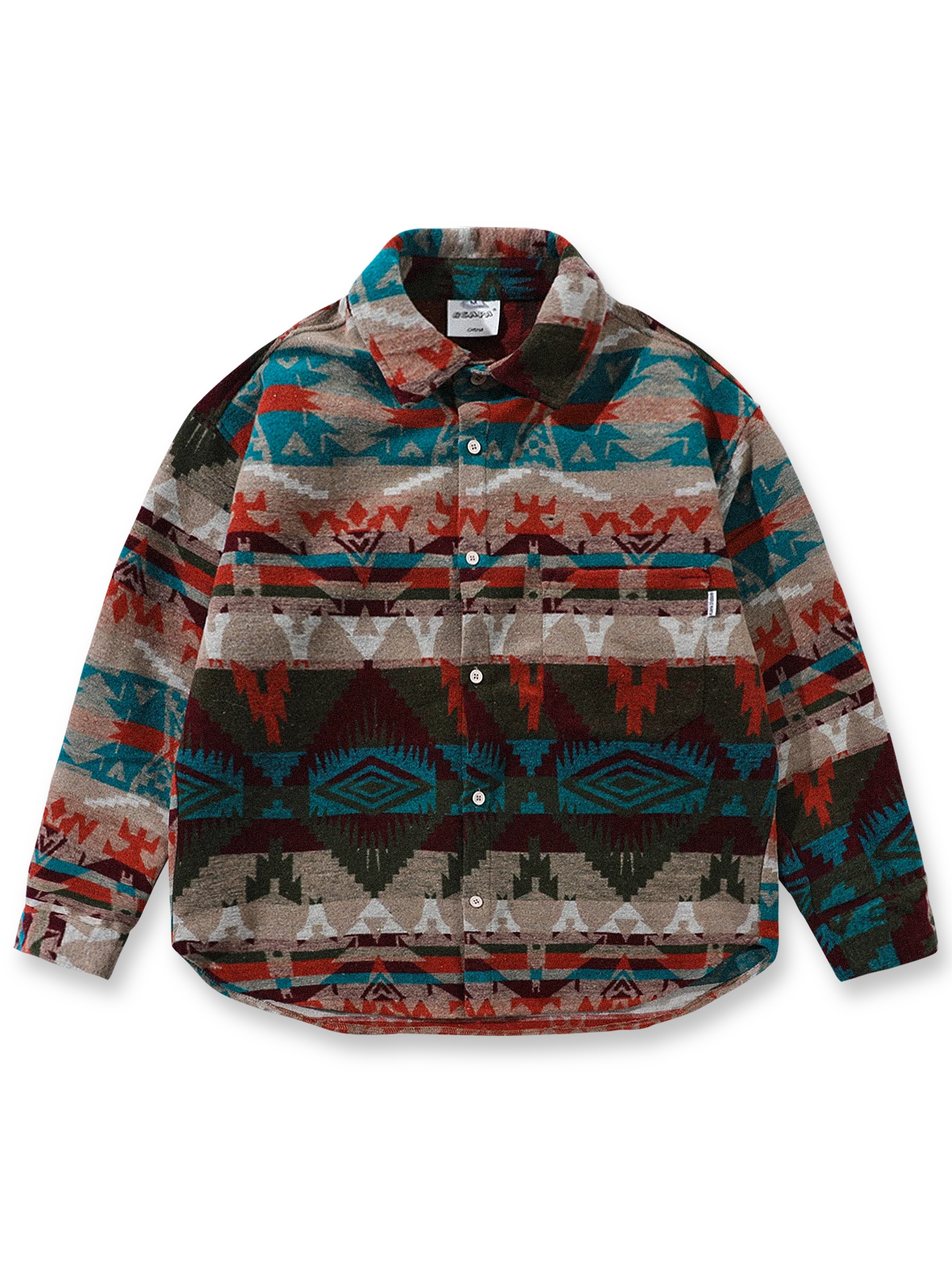 製品画像: ナバホ柄ジャカード織りウール長袖シャツの正面展示画像、厚手ウール素材で暖かさを提供し、クラシックなナバホ柄デザインが特徴的なシャツ。
詳細画像: ナバホ柄ジャカード織りのディテールアップ、独特の質感と民族的な雰囲気を強調したデザイン。