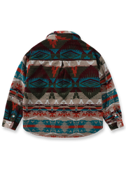 製品画像: ナバホ柄ジャカード織りウール長袖シャツの正面展示画像、厚手ウール素材で暖かさを提供し、クラシックなナバホ柄デザインが特徴的なシャツ。
詳細画像: ナバホ柄ジャカード織りのディテールアップ、独特の質感と民族的な雰囲気を強調したデザイン。