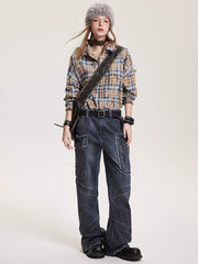 レトロチェック綿ターンダウンカラーシャツ