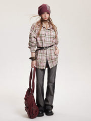 レトロチェック綿ターンダウンカラーシャツ