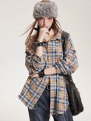 レトロチェック綿ターンダウンカラーシャツ